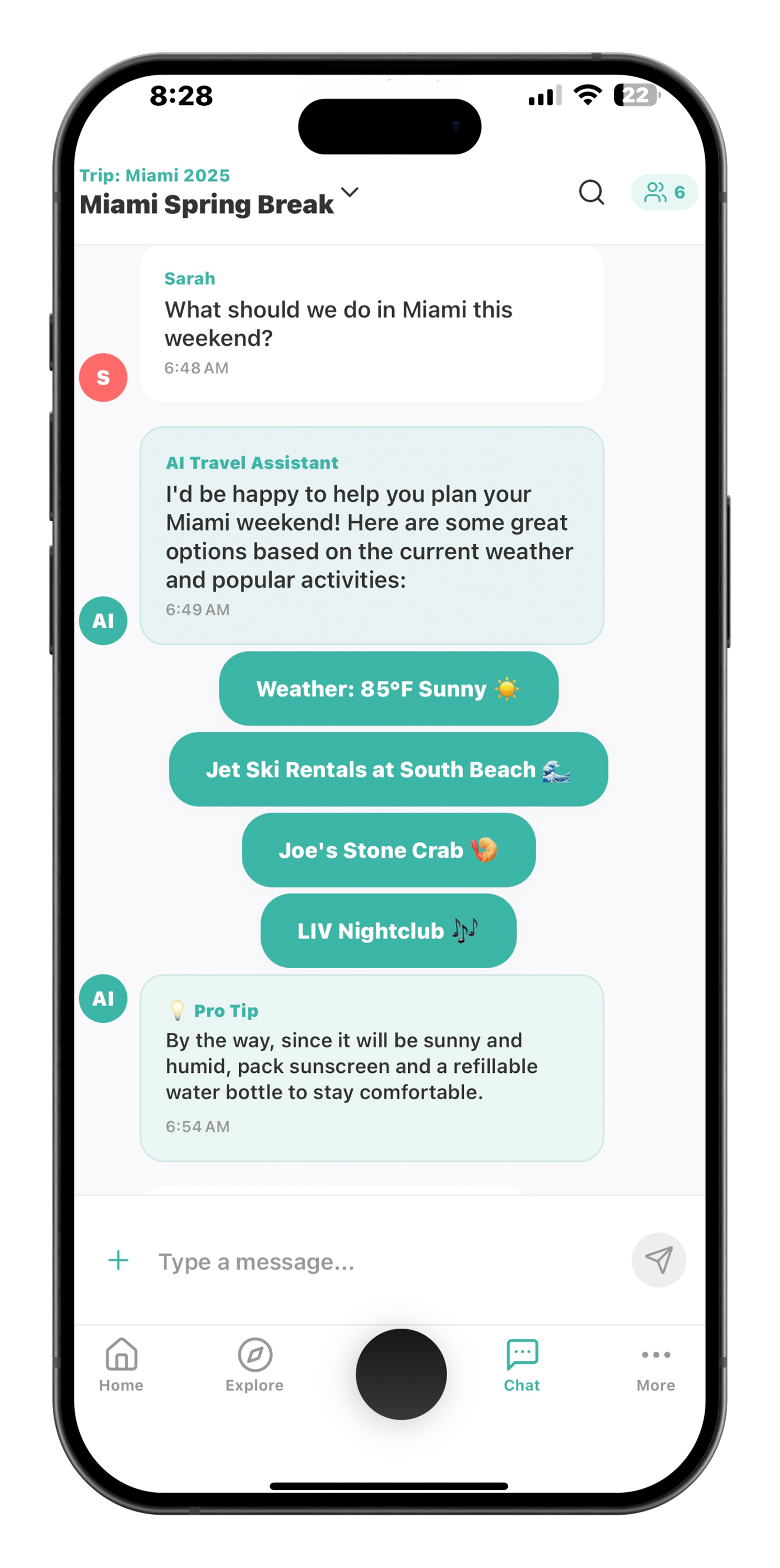Miami Spring Break planning: AI assistant providing weather-based weekend recommendations including jet ski rentals, Joe's Stone Crab, and LIV Nightclub with sun protection pro tips